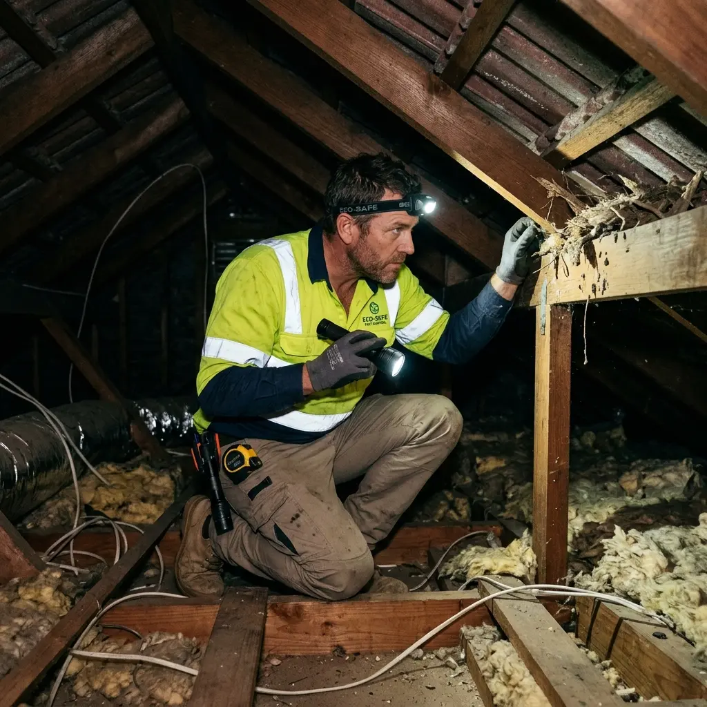 Technician inspecting a roof cavity for a dead animal in Lake Wendouree